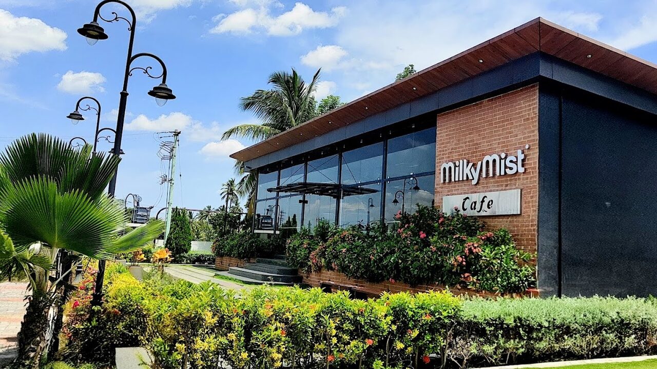 Milky Mist Cafe brick and glazed facade with landscaped forecourt, Sathy highway, Erode