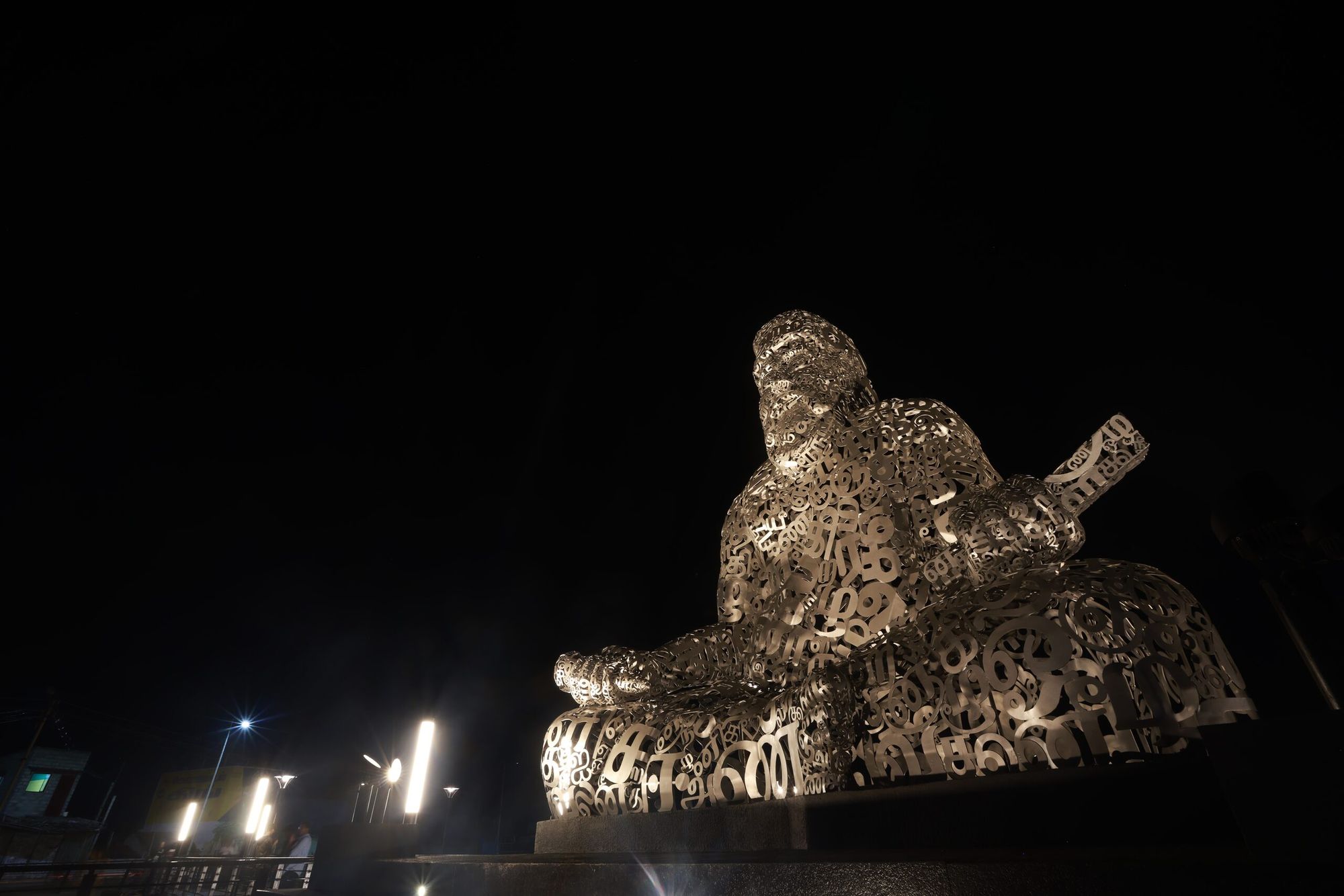 Thiruvalluvar Statue illuminated at night